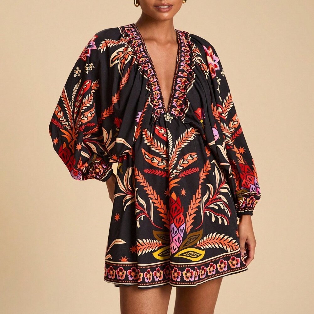 Multicolor Boho Women's Casual  Plant Print Batwing Sleeves Mini Dress - Picture 5 of 7